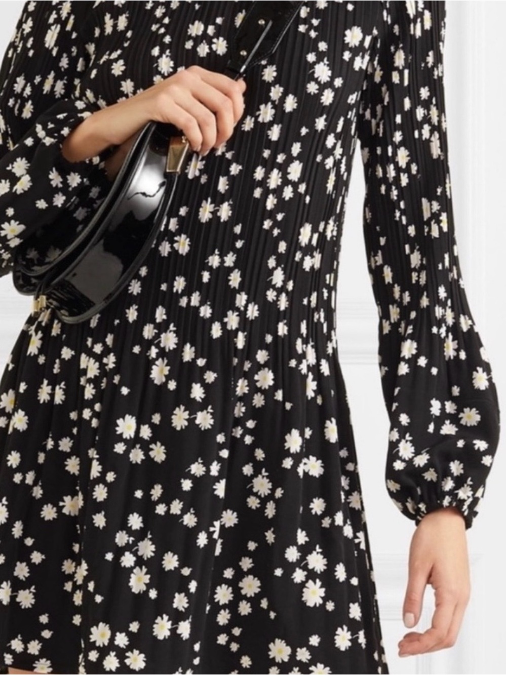 Maje Wmns Sz 1 Rockiz Daisy Print Long Sleeve Pleated Black Dress
